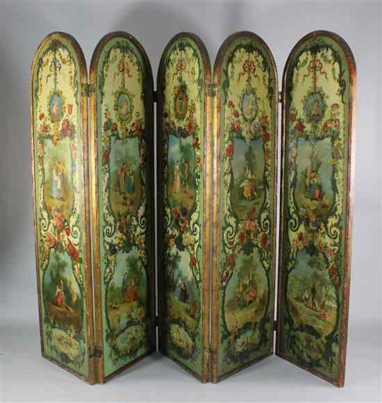 Appraisal: A Victorian giltwood and gesso painted leather five fold screen