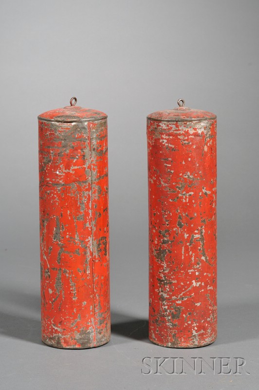 Appraisal: Pair of Willard Red-painted Tin-Cased Tall Clock Weights Boston c