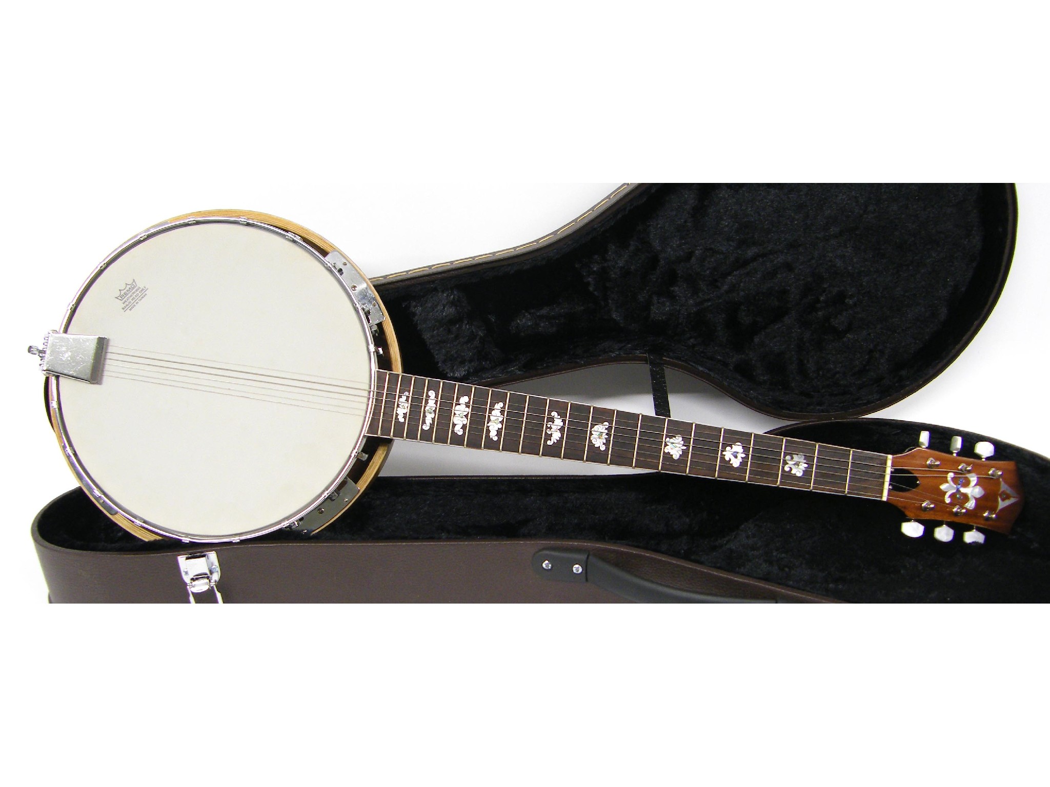 Appraisal: Contemporary decorative guitar banjo with ornate resonator back with skin