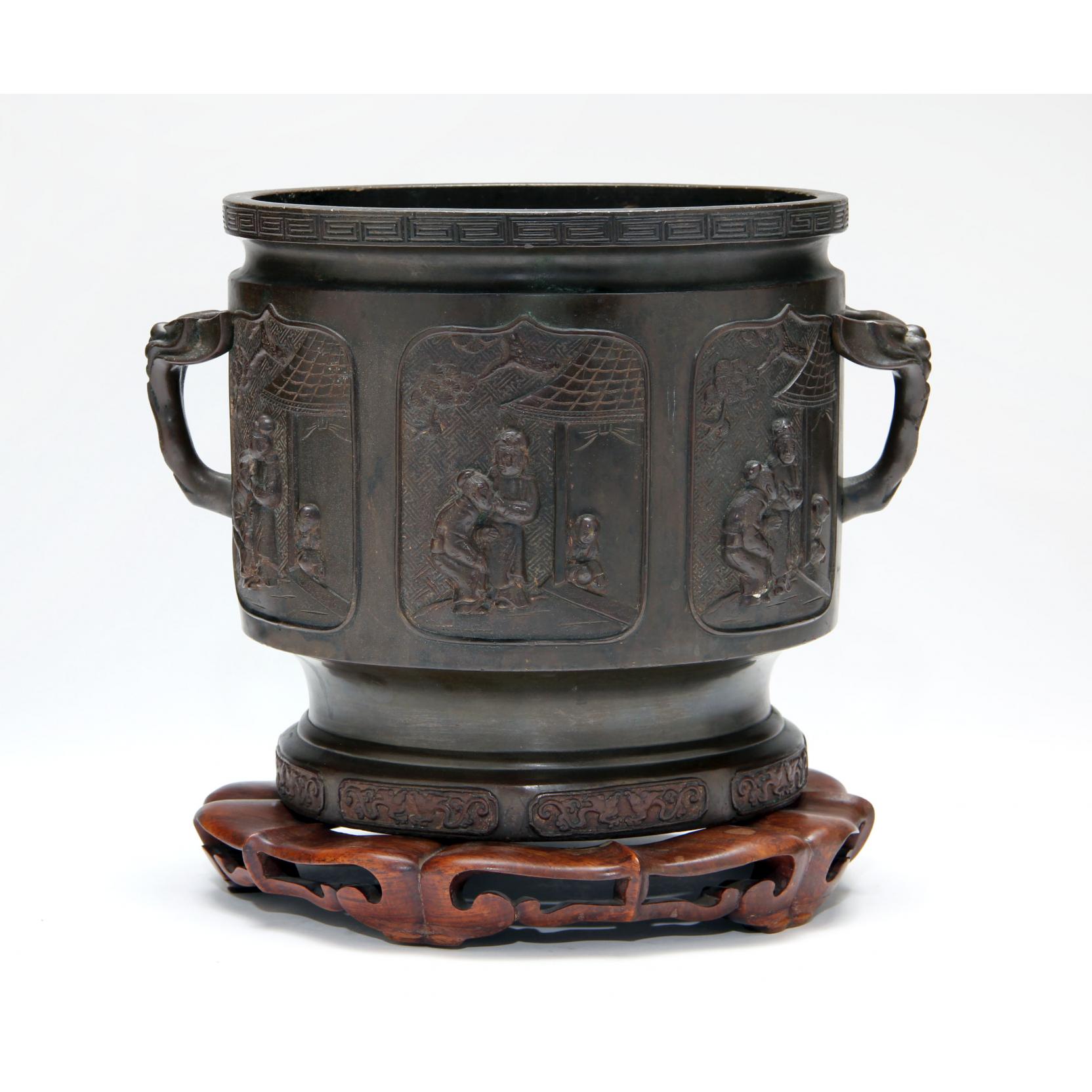 Appraisal: Chinese Bronze Jardiniere on Stand late th century with six