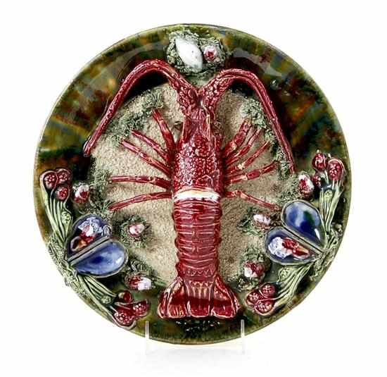 Appraisal: Majolica Palissy style ware lobster plate high-relief lobster and mollusks