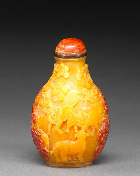 Appraisal: A carved hornbill snuff bottle Of baluster form each main