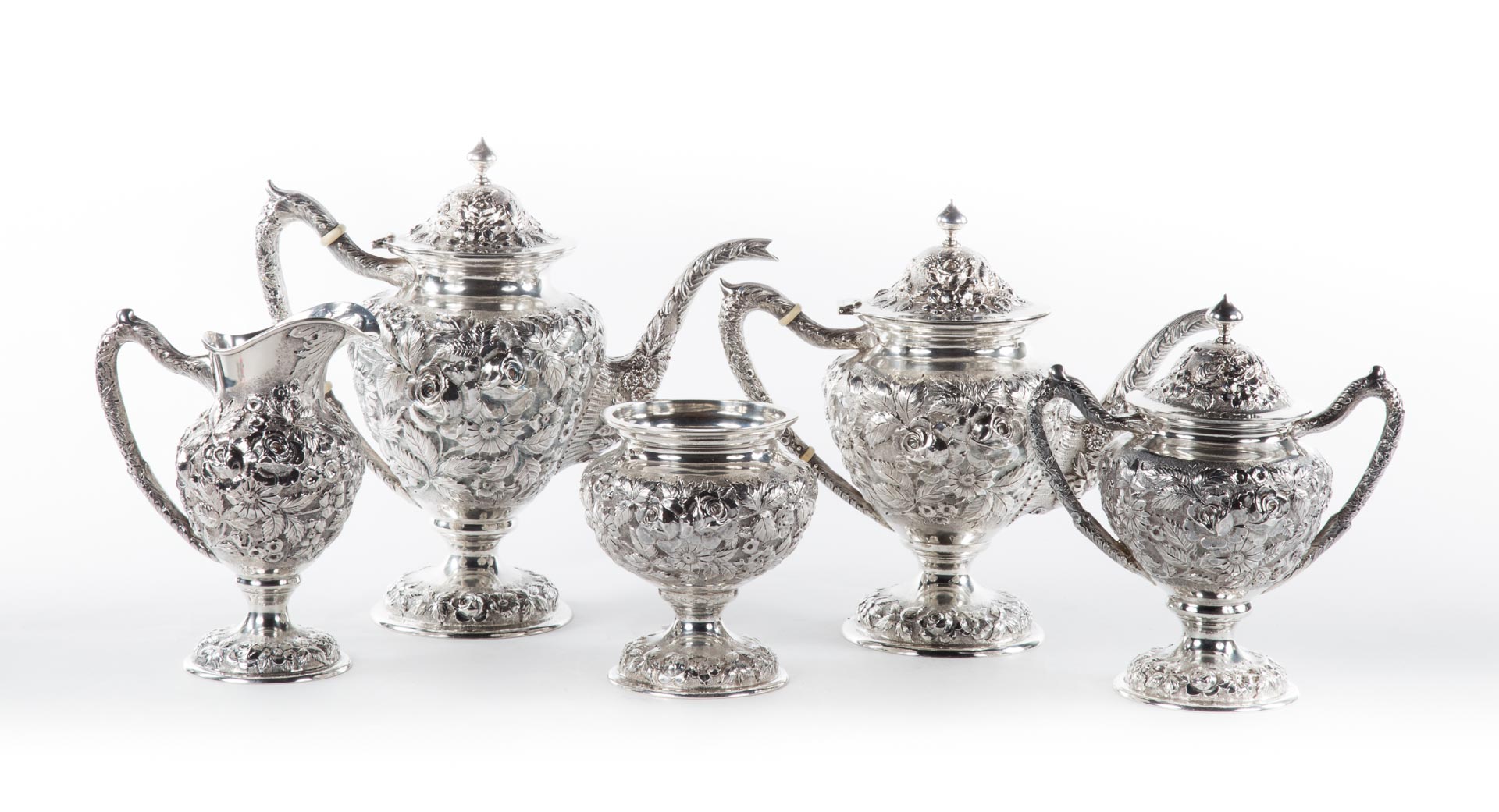 Appraisal: Schofield Baltimore Rose sterling coffee tea set repousse sterling silver