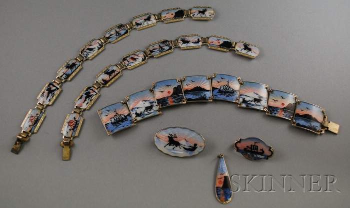 Appraisal: Group of Norwegian Guilloche Enamel and Sterling Silver Jewelry including