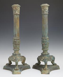 Appraisal: Pair of Patinated Bronze Empire Style Single Candl Pair of