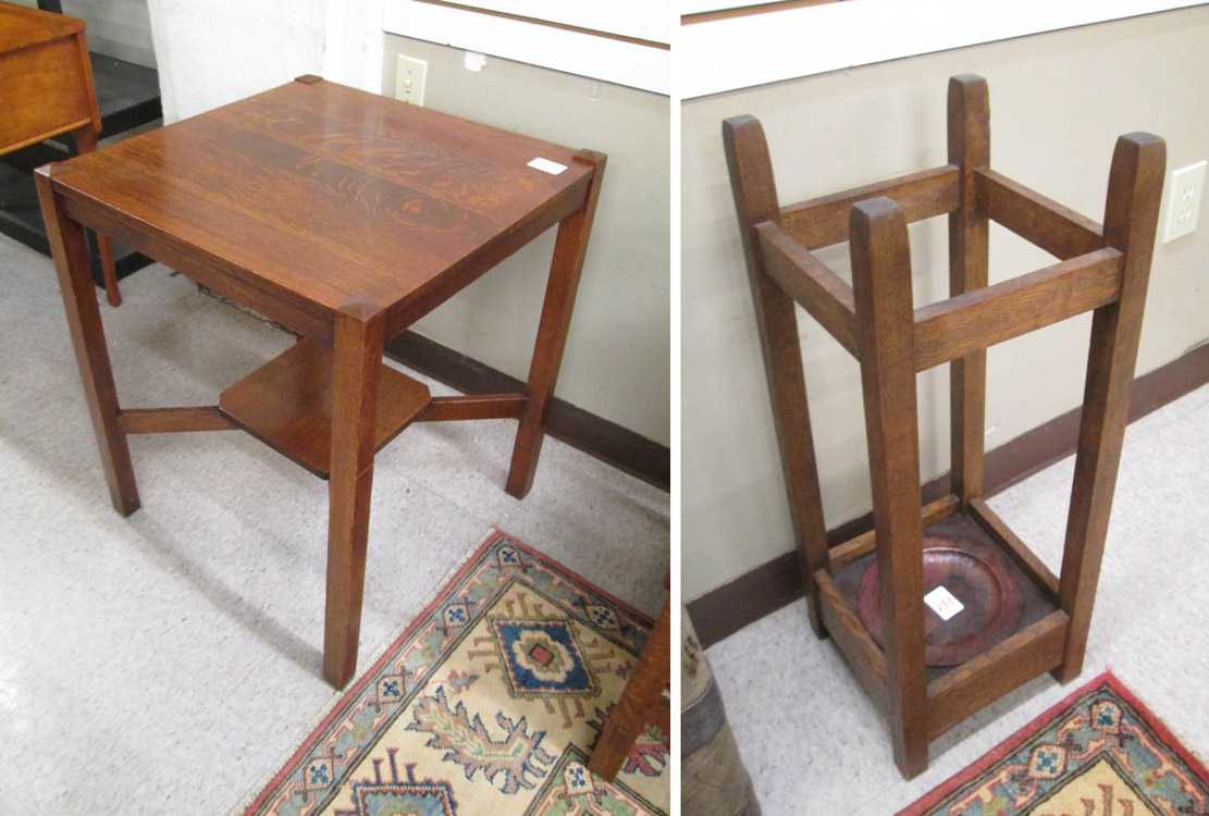 Appraisal: MISSION OAK LAMP TABLE AND UMBRELLA STAND square oak lamp