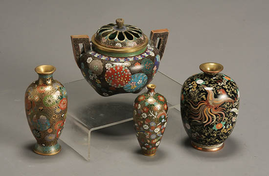 Appraisal: Three Japanese Cloisonn Enamel Vases and an Incense Burner Koro