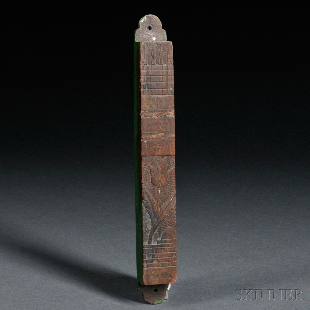 Appraisal: Bezalel Olivewood Mezuzah Jerusalem early th century carved with architectural