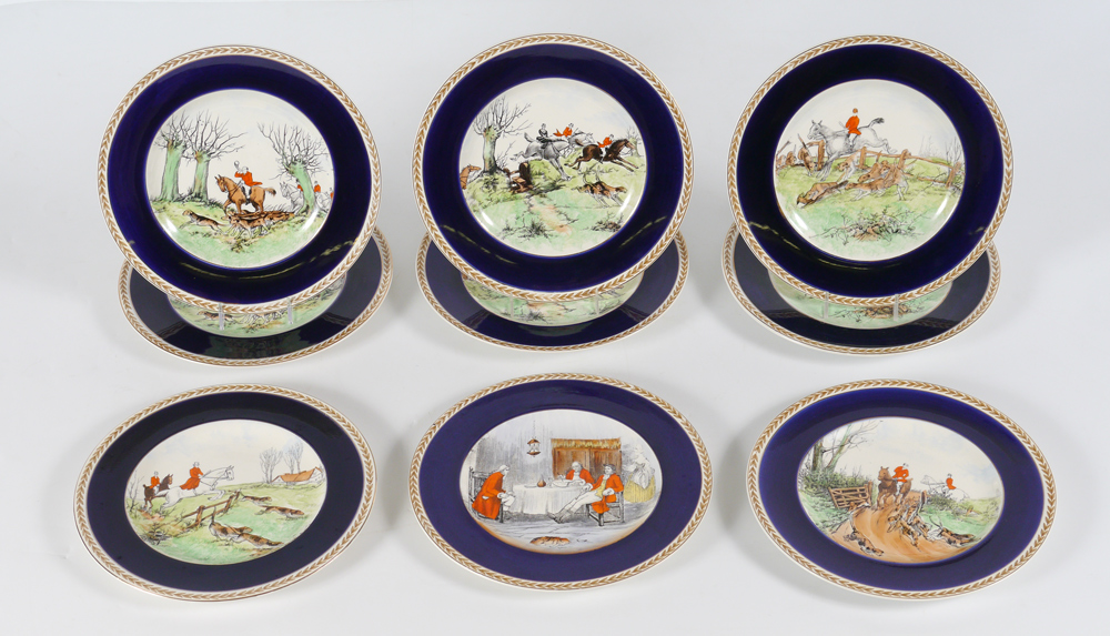 Appraisal: CROWN DUCAL FOX HUNT SCENE PLATES Varying scenes of a