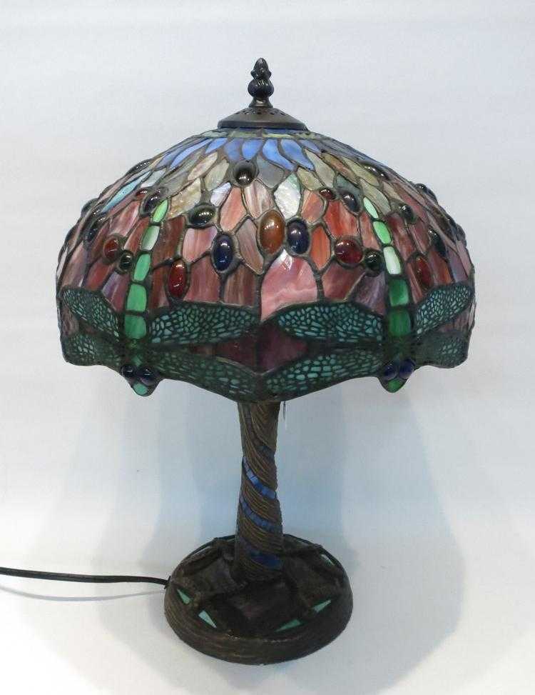 Appraisal: TIFFANY STYLE DRAGONFLY TABLE LAMP domed shade stained and leaded