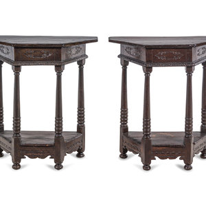 Appraisal: A Pair of Continental Carved Oak Console Tables th th