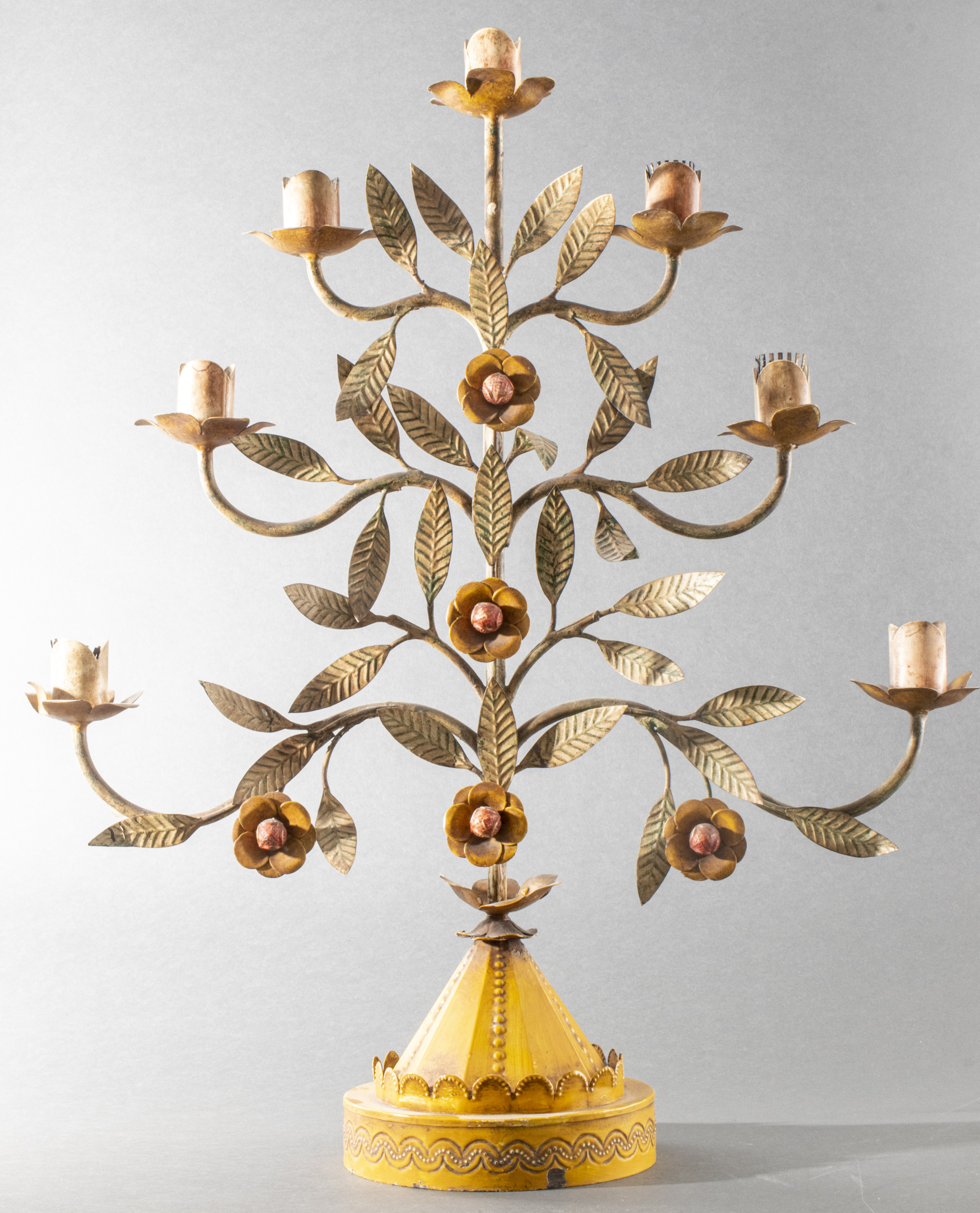 Appraisal: SPANISH ROCOCO STYLE TREE OF LIFE TOLE CANDELABRA Spanish Rococo