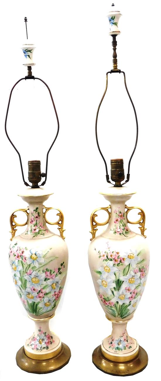 Appraisal: Pair of electrified porcelain urn style table lamps hand-painted floral