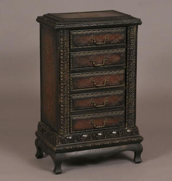 Appraisal: Elaborate five drawer Chinese chest raised textured surface repeating floral