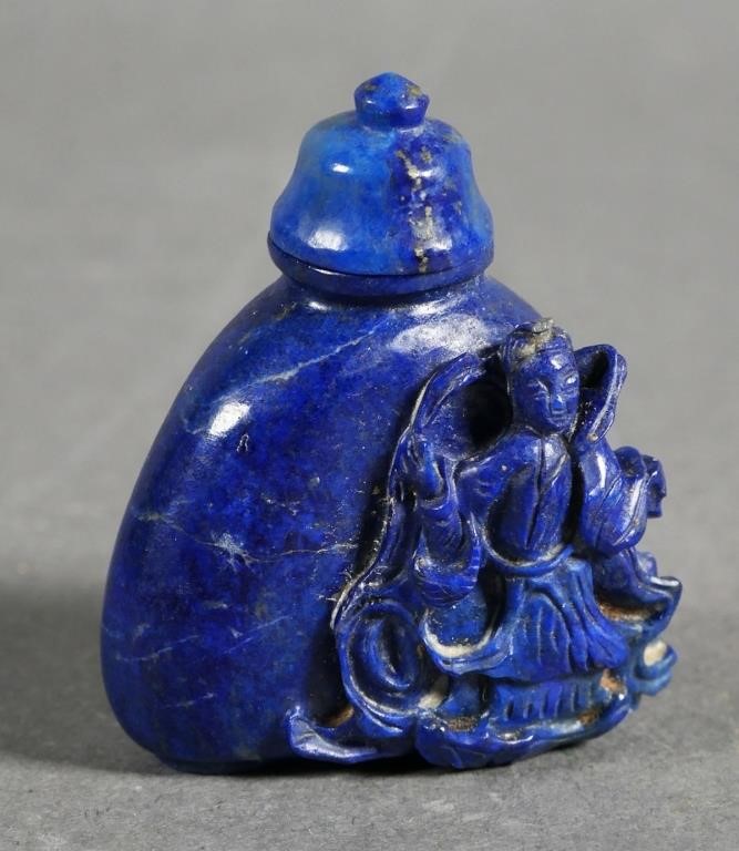 Appraisal: Blue hard stone snuff bottle relief of wave with figure