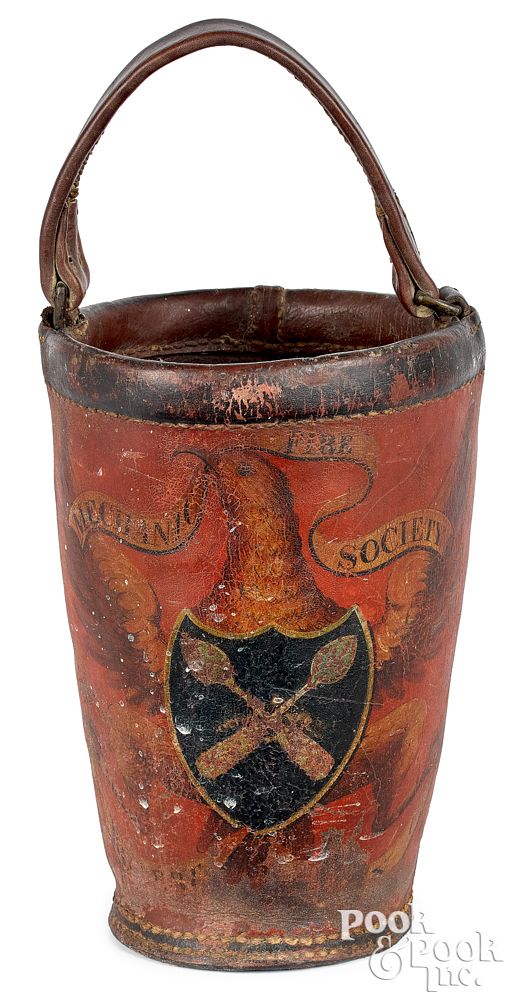 Appraisal: Painted leather fire bucket th c Painted leather fire bucket