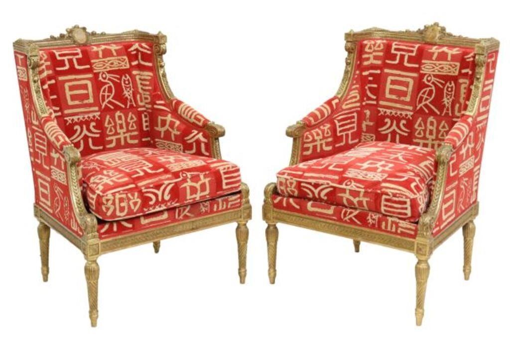 Appraisal: pair French Louis XVI style giltwood armchairs th c painted