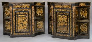 Appraisal: Pair of lacquered Chinese side cabinets having shaped top over