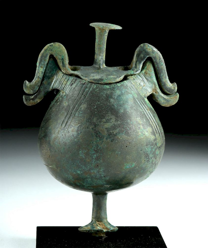 Appraisal: Greek Archaic Bronze Lidded Pyxis - Abstract Birds Ancient Greece