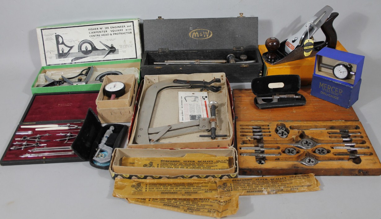 Appraisal: Various tools implements etc boxed Fisher engineer square cm wide