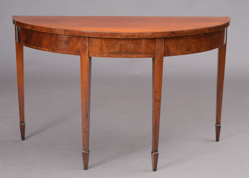 Appraisal: GEORGE III INLAID MAHOGANY DEMILUNE TABLE The overhanging top with