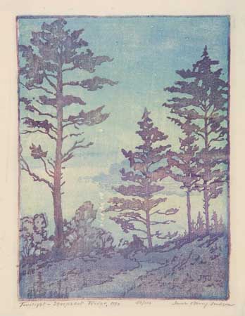 Appraisal: JANE BERRY JUDSON Three color woodcuts Afterglow--Sheepscot River Maine Twilight--Sheepscot