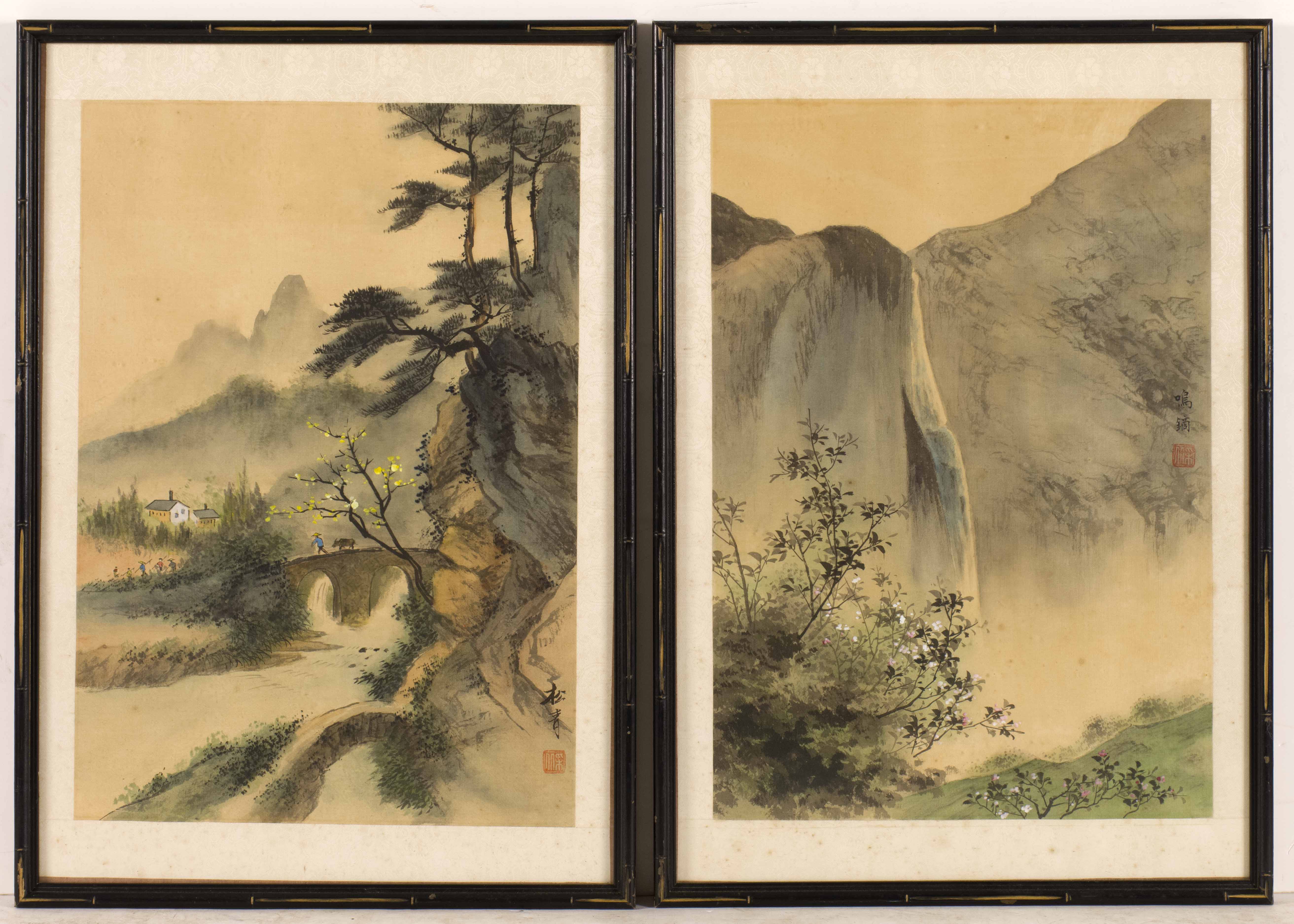 Appraisal: TWO JAPANESE WATERCOLORS ON SILK Late th CenturyOne depicts a