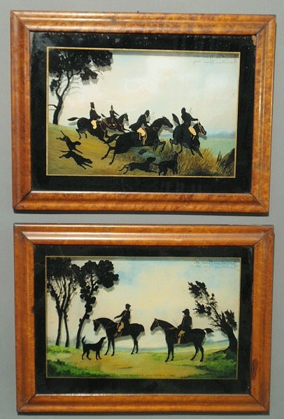 Appraisal: Pair of reverse painted on glass foxhunting scenes mounted in