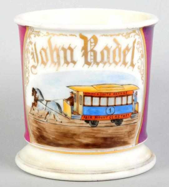 Appraisal: Horse-Drawn Trolley Car Shaving Mug Gilt name John Radel Fantastic