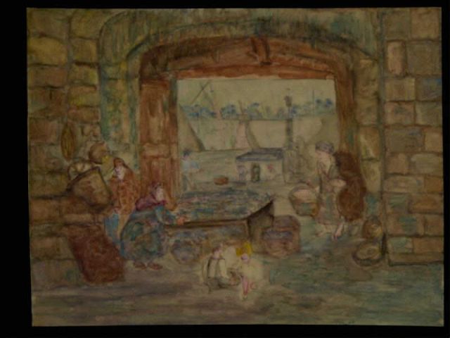 Appraisal: Unknown W C of fish cart market w figures Depicting