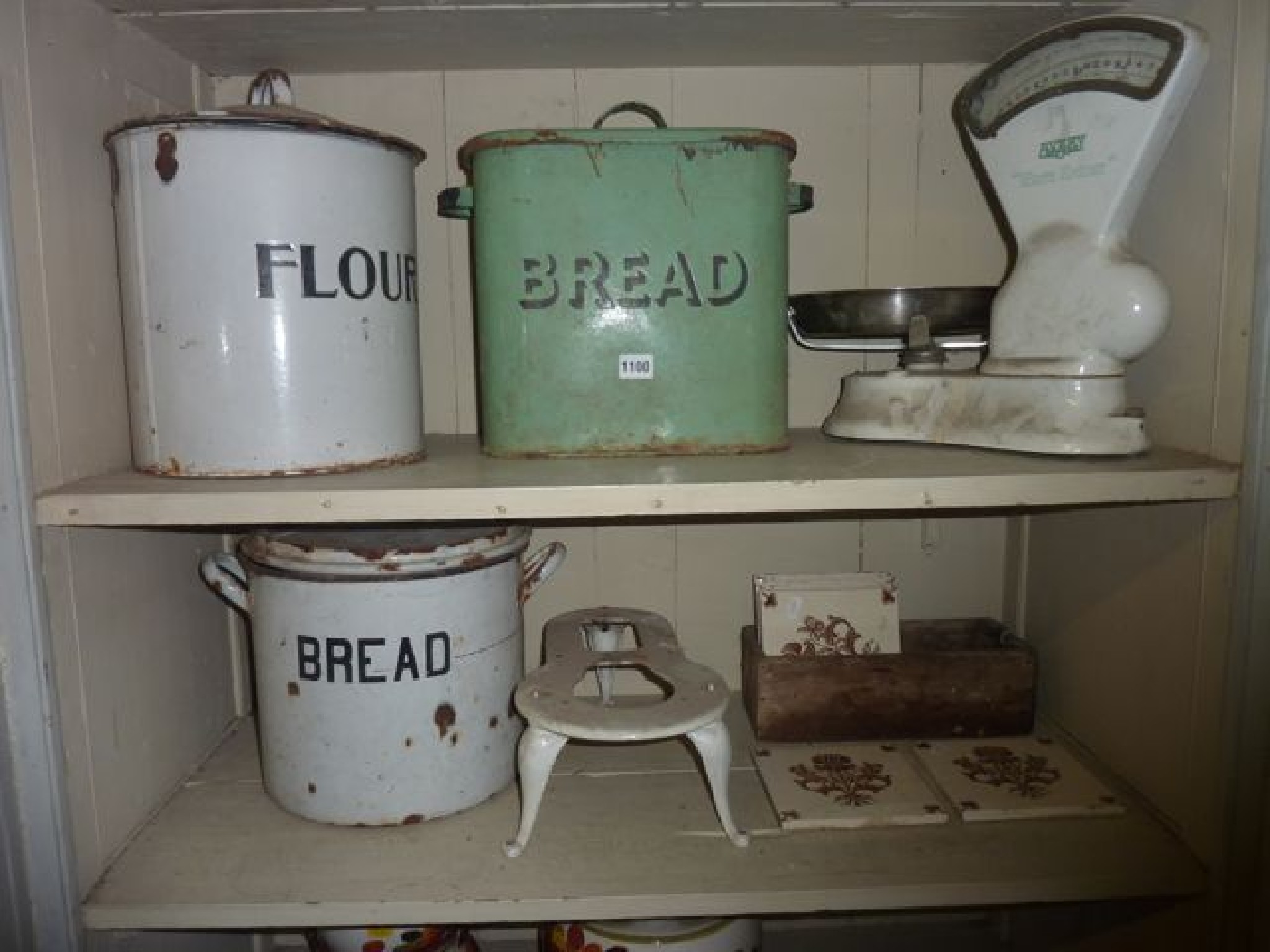 Appraisal: Two vintage enamel bread bins of cylindrical and rectangular form