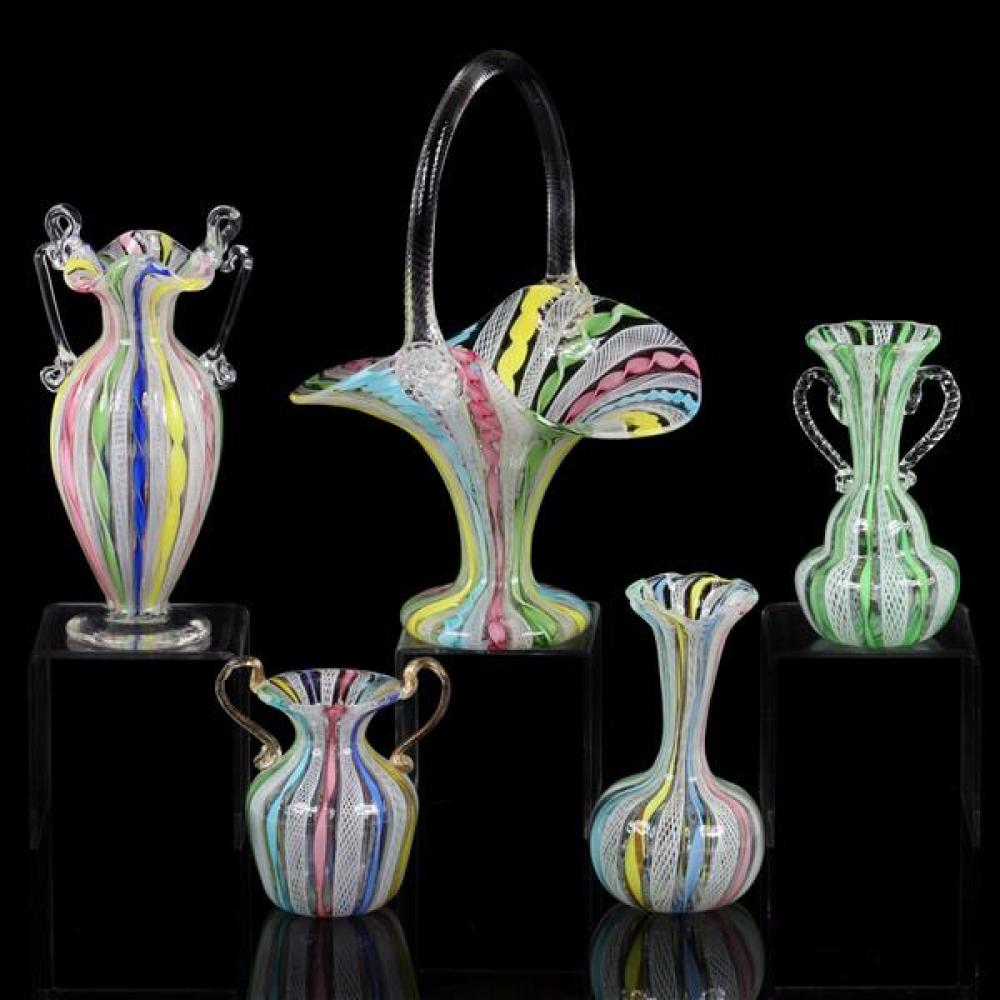 Appraisal: MURANO ITALIAN ART GLASS PC GROUP WITH PASTEL POLYCHROME LATTICINO