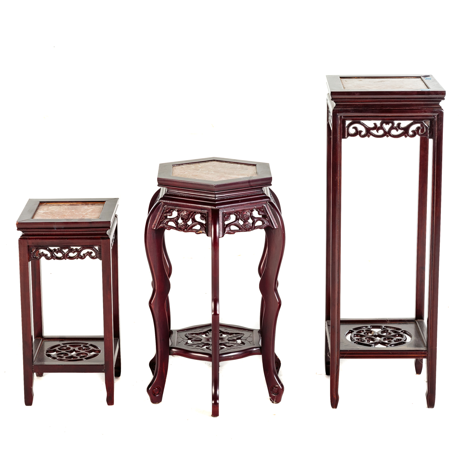 Appraisal: THREE CHINESE HARDWOOD INSET MARBLE STANDS th Century two similar