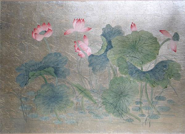 Appraisal: Anonymous pink lotus Framed color on textured silver paper depicting