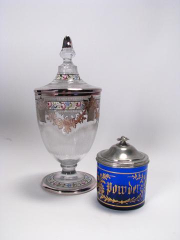 Appraisal: Enameled covered candy dish with silverplate trim and cobalt glass