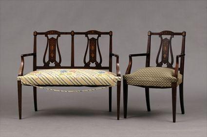 Appraisal: Edwardian Inlaid Mahogany Double Chair-Back Settee and Armchair in the