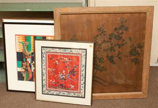 Appraisal: Two framed lithographs Chinese Export textile framed and Flowers and