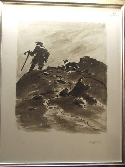 Appraisal: AFTER KYFFIN WILLIAMS - A rocky hillside with shepherd and