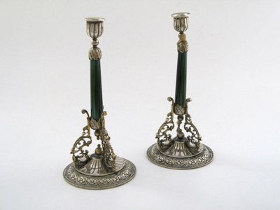 Appraisal: A pair of modern silver mounted malachite candlesticks tapering circular