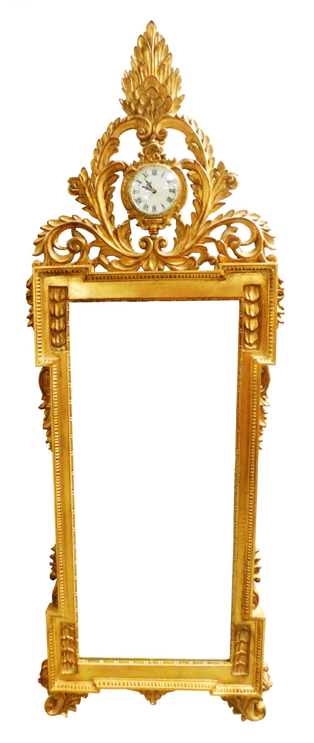 Appraisal: Wall mirror Continental style with inset clock to scrolling acanthus