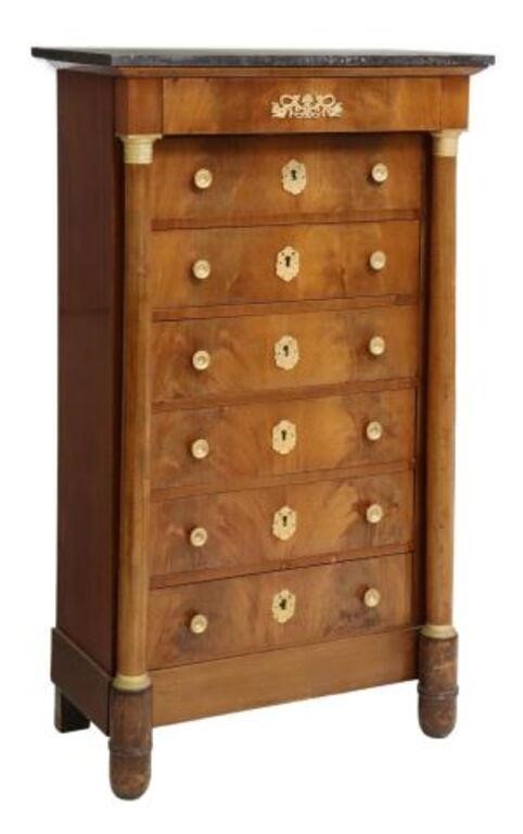 Appraisal: French Empire style marble-top mahogany tall chest of drawers early