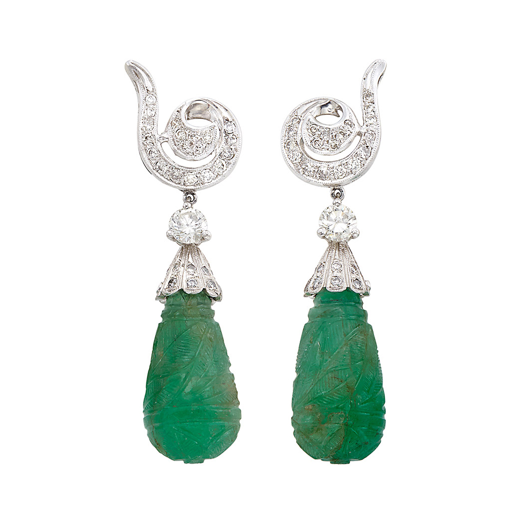 Appraisal: Pair of White Gold Diamond and Carved Emerald Pendant-Earrings round