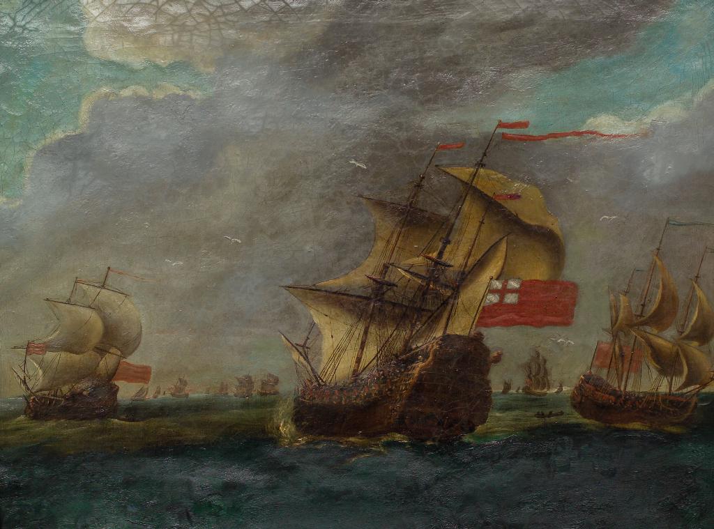 Appraisal: ENGLISH SCHOOL th CENTURY A NAVAL ENGAGEMENT unsigned oil on