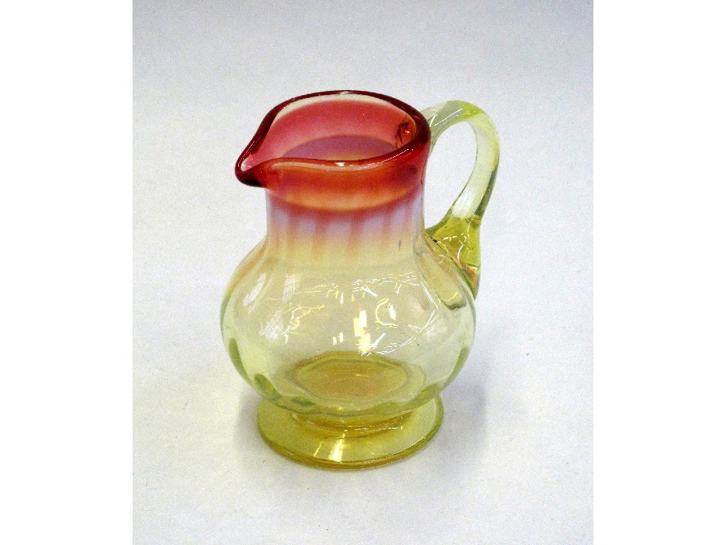 Appraisal: Small vaseline glass jug with cranberry glass rim