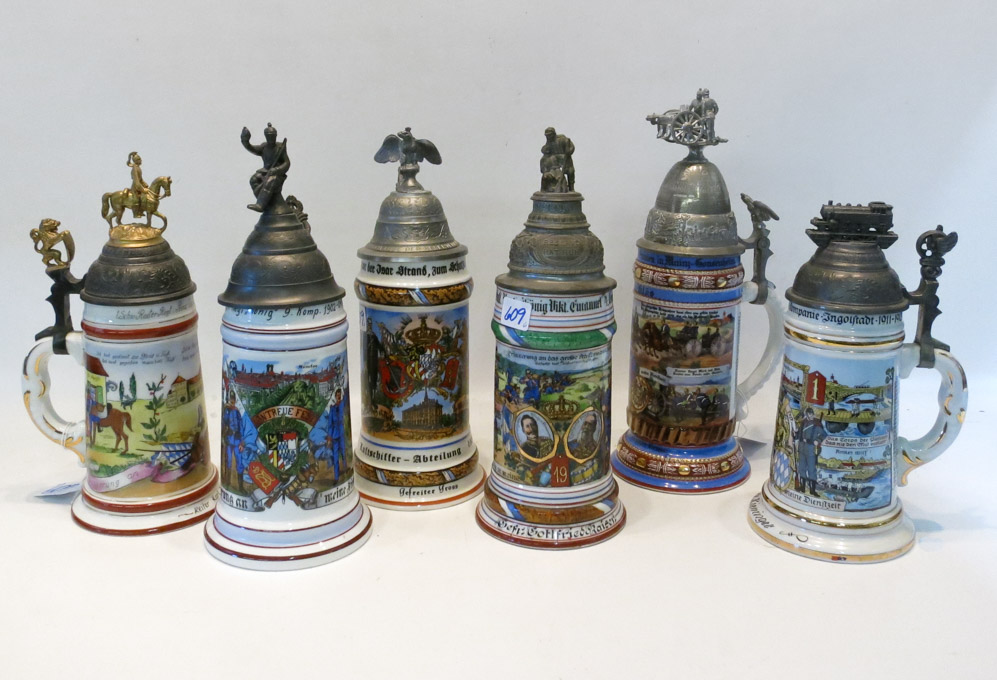 Appraisal: SIX GERMAN PORCELAIN REGIMENTAL LITHOPHANE STEINS all with battle scene