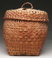 Appraisal: COVERED ROUND STORAGE BASKET The square bottomed bulging body with