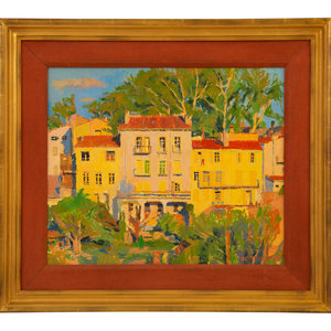 Appraisal: Douglas Ferrin American b Terrace Houses oil on canvas signed