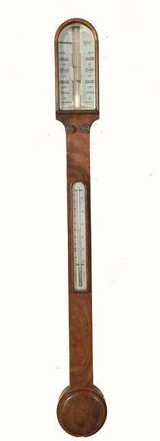 Appraisal: A VICTORIAN FIGURED WALNUT STICK BAROMETER the arched top case