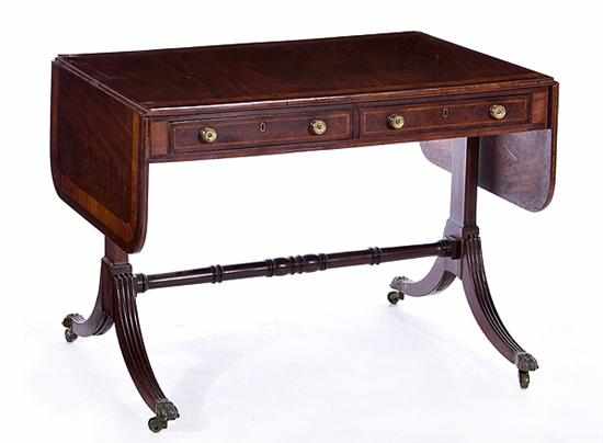 Appraisal: Regency inlaid mahogany sofa table circa rectangular top with two