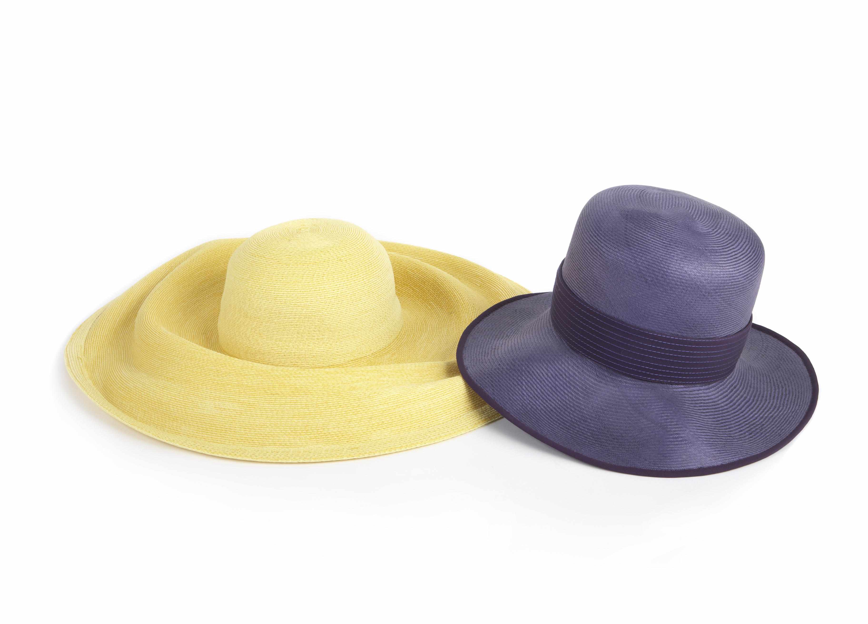 Appraisal: A Galanos purple straw hat together with a yellow straw